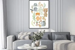 Plakat: Leśne zwierzątka i owoce lasu dziecięca ilustracja