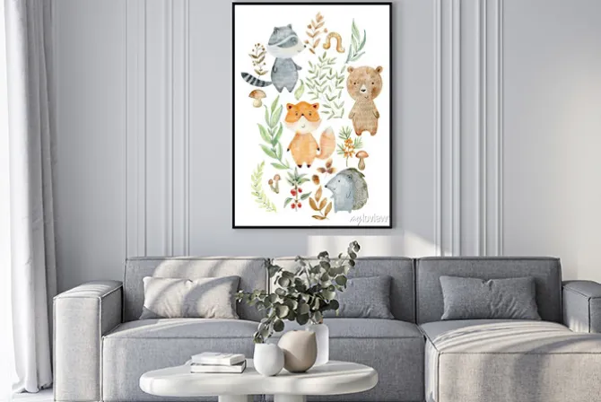 Plakat: Leśne zwierzątka i owoce lasu dziecięca ilustracja