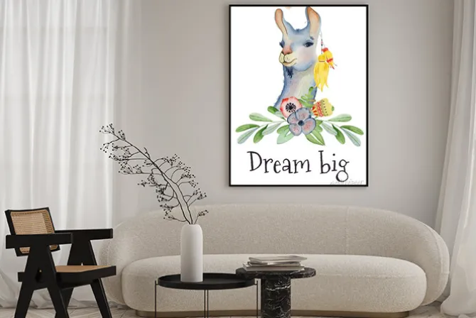 Plakat: Śliczna lamy postać z kreskówki akwareli ilustracja, alpagowy