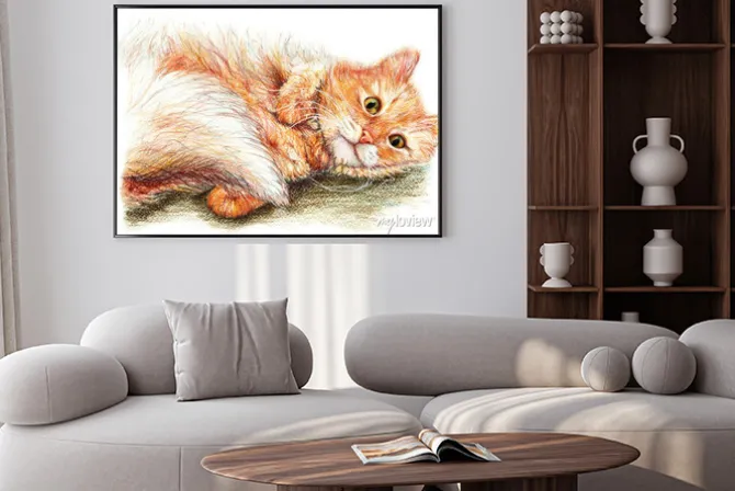 Plakat: Śliczne ładne imbir puszysty kot wyciągnąć rękę sztuka