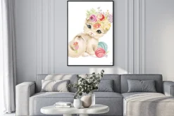 Plakat: Śliczne akwarela niebieskooki kotek z kwiatów, bukiet kwiatów,