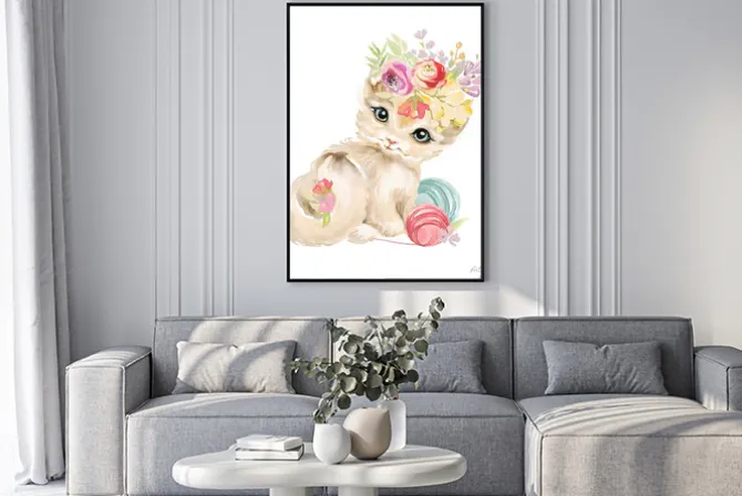 Plakat: Śliczne akwarela niebieskooki kotek z kwiatów, bukiet kwiatów,