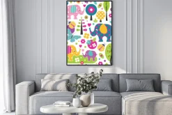 Plakat: Śliczne słonie, biedronki, motyle i ptaki w lesie kolorowe wzór