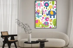 Plakat: Śliczne słonie, biedronki, motyle i ptaki w lesie kolorowe wzór