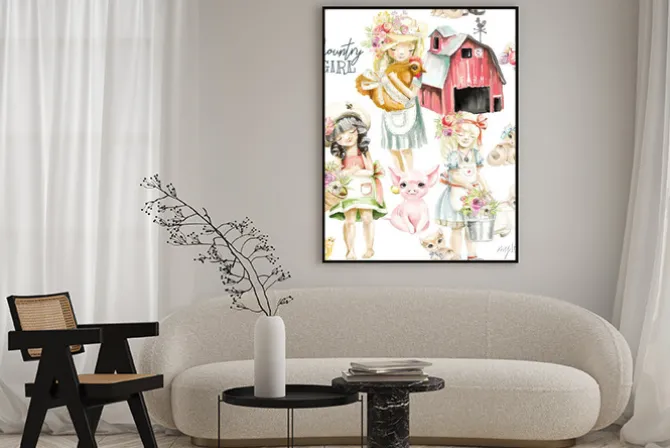 Plakat: Śliczne zwierzęta gospodarskie akwarela z kraju dziewczyny z