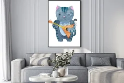 Plakat: Śliczny akwarela kot bawić się bałałajkę lub gitarę
