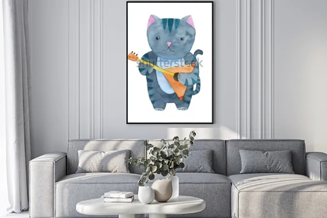 Plakat: Śliczny akwarela kot bawić się bałałajkę lub gitarę