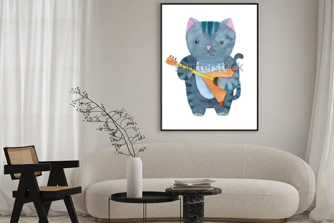 Plakat: Śliczny akwarela kot bawić się bałałajkę lub gitarę