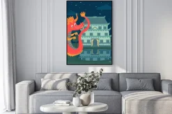 Plakat: Śliczny czerwony smok obok kasztelu przy nocą, bajki opowieść