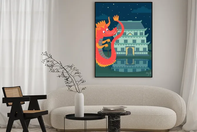 Plakat: Śliczny czerwony smok obok kasztelu przy nocą, bajki opowieść