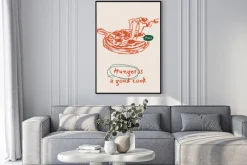 Plakat: Liniowy szkic pizzy z roztopionym serem i napisami