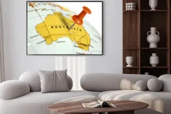 Plakat: Lokalizacja australia. czerwony pin na mapie.