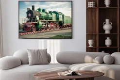 Plakat: Lokomotywa parowa na stacji