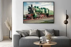 Plakat: Lokomotywa parowa na stacji