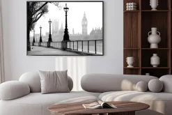 Plakat: Londyn we mgle czarno-biały krajobraz