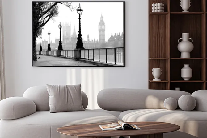 Plakat: Londyn we mgle czarno-biały krajobraz