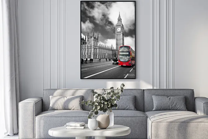 Plakat: Londyn z big benem i czerwonym autobusem