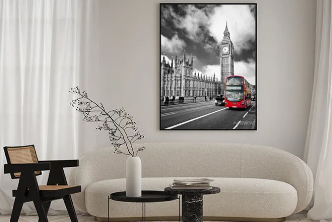 Plakat: Londyn z big benem i czerwonym autobusem