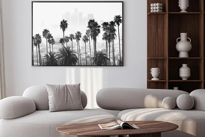 Plakat: Los angeles czarno-biały krajobraz z palmami