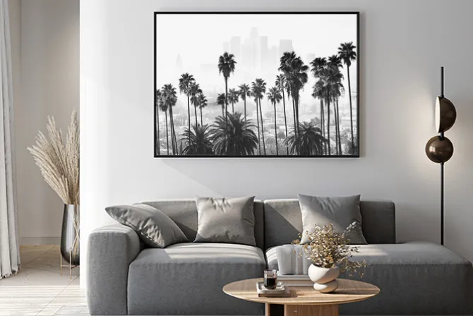 Plakat: Los angeles czarno-biały krajobraz z palmami