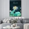Plakat: Lotus flower with green leaves close-up in hand drawn style