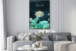 Plakat: Lotus flower with green leaves close-up in hand drawn style