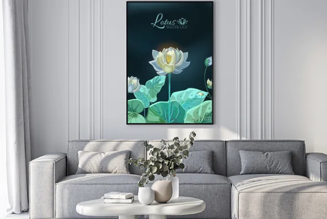 Plakat: Lotus flower with green leaves close-up in hand drawn style