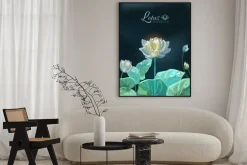 Plakat: Lotus flower with green leaves close-up in hand drawn style