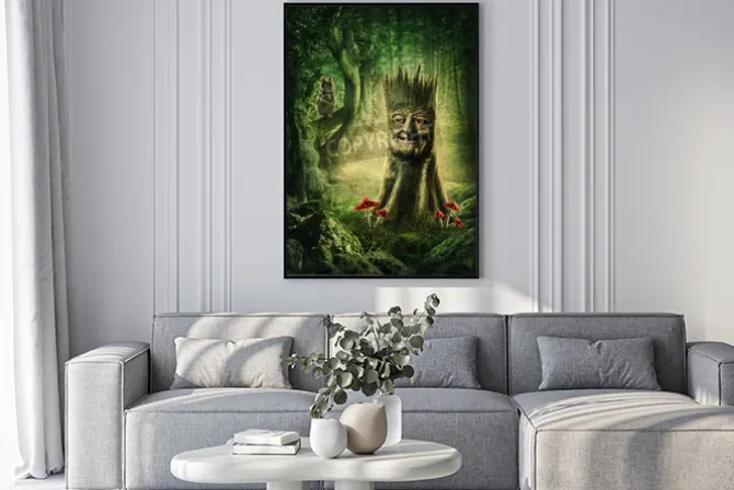 Plakat: Magia pieniek z twarzą w drewnie