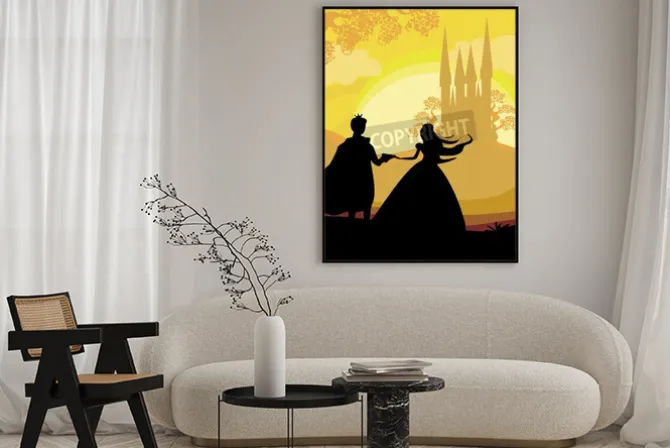 Plakat: Magiczny zamek i księżniczka z księciem