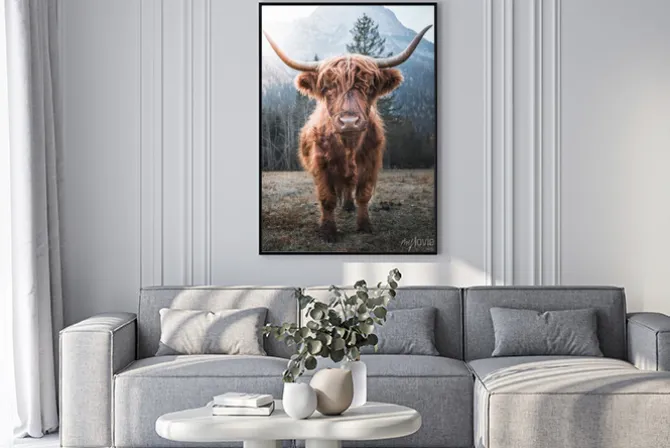 Plakat: Majestatyczny byk na tle góry