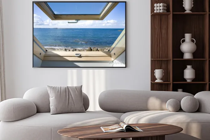 Plakat: Malowniczy widok morza przez otwarte okno