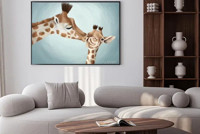 Plakat: Mama żyrafa dająca całusa swojemu dziecku