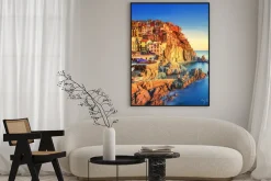 Plakat: Manarola, skały i morze o zachodzie słońca. cinque terre, włochy