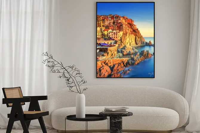 Plakat: Manarola, skały i morze o zachodzie słońca. cinque terre, włochy