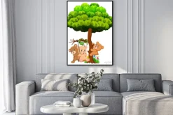 Plakat: Many cute baby bears and snake playing under tree