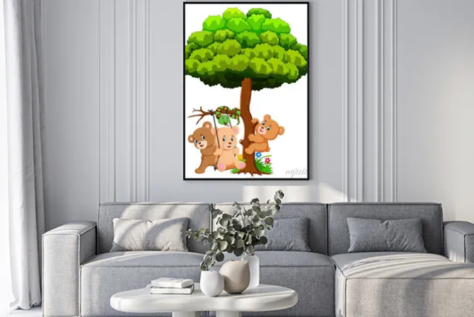 Plakat: Many cute baby bears and snake playing under tree