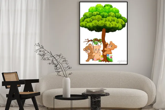 Plakat: Many cute baby bears and snake playing under tree
