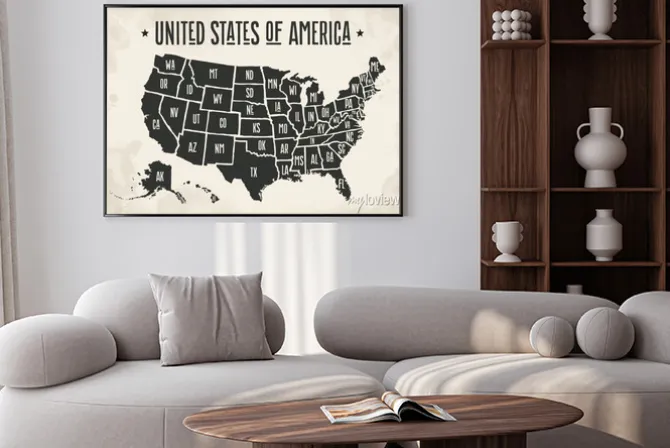 Plakat: Mapa plakat stanów zjednoczonych ze stanu nazwy. czarno-biały