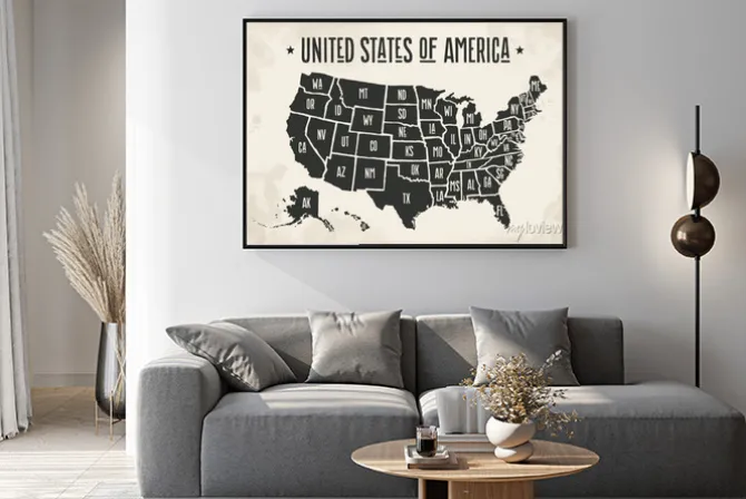 Plakat: Mapa plakat stanów zjednoczonych ze stanu nazwy. czarno-biały