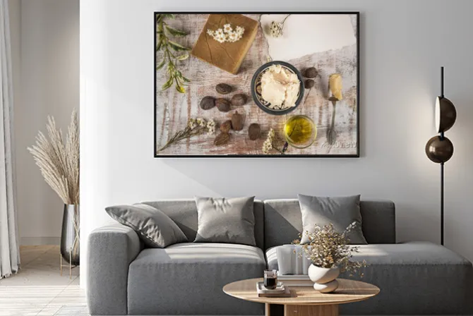 Plakat: Masło shea z produktem i orzechów shea