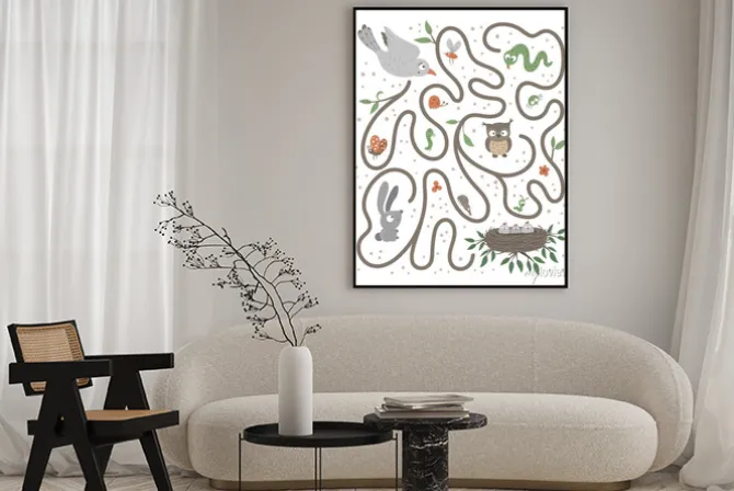 Plakat: Maze for children. preschool activity with bird flying to its