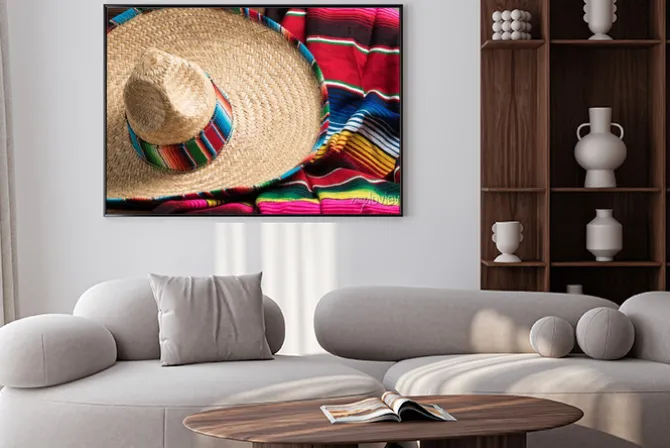 Plakat: Meksykańskie koc serape i sobrero na żółtym tle z policjantem