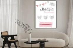 Plakat: Metryczka dla dziewczynki słonik i serduszka