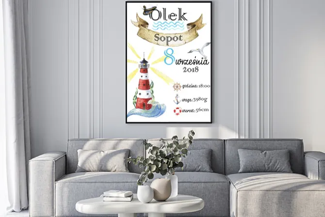 Plakat: Metryczka urodzeniowa w morskim stylu