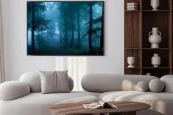 Plakat: Mglisty poranek w mrocznym lesie