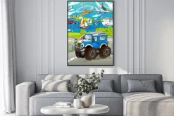 Plakat: Śmieszne kreskówki patrząc z drogi samochodem jazdy przez miasto