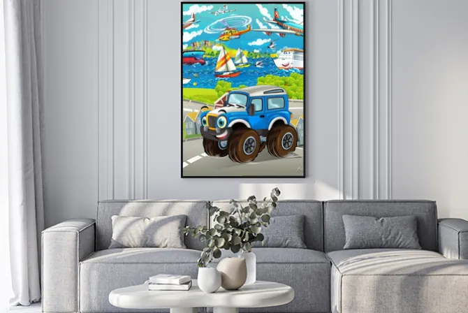 Plakat: Śmieszne kreskówki patrząc z drogi samochodem jazdy przez miasto