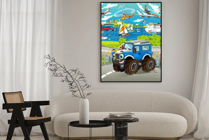 Plakat: Śmieszne kreskówki patrząc z drogi samochodem jazdy przez miasto