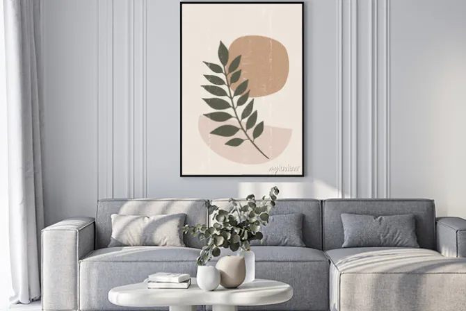 Plakat: Minimalistyczna grafika boho z liściem